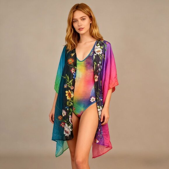 NWOT Johnny Was Ombre Garden Easy Swim Cover-Up Dress Silk Blend Floral KIMONO S